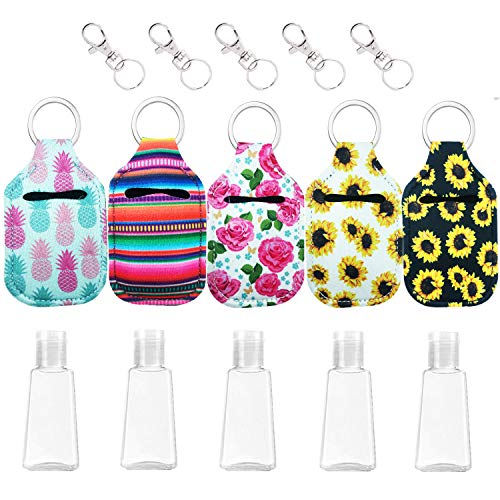 BRO-T 5 Piece Hand Sanitizer Bottle Holder Neoprene Keychain for 30ML Gym Shampoo Lotion Soap Perfume and Liquids Travel Containers,Includes 1 OZ Flip Cap Refillable Bottles(Pineapple)