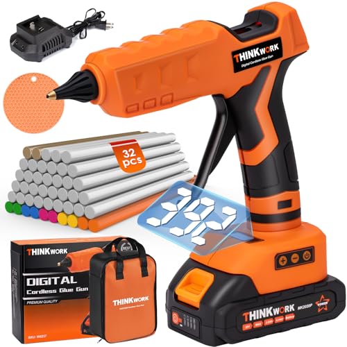 THINKWORK 20V Cordless Glue Gun - Digital Temp Adjustable Drip-Free Fast Heating Full Size Heavy...