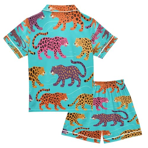 Satin Pajama Sets Short Sleeve Colorful Leopard Print Button Down Silky Nightwear 2 Piece PJS 5-14Y2