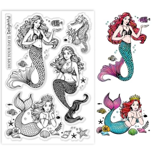PH PandaHall Mermaid Clear Stamp, Ocean Silicone Stamp Shell Fish Seahorse Starfish Clear Stamps Transparent Rubber Stamp for Paper Crafting Photo Albums, Holiday Cards, Scrapbooking, Gift Tags