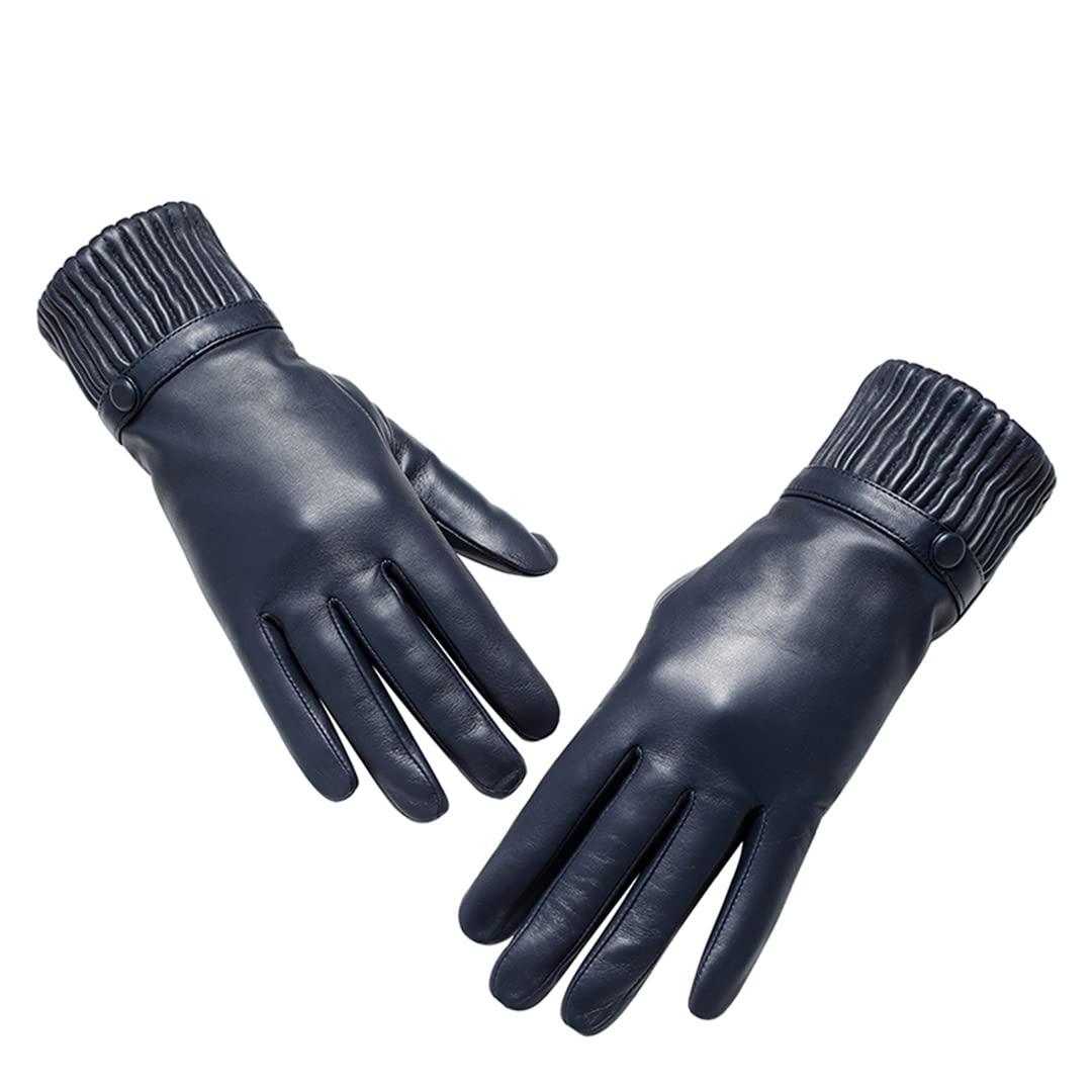 Guanti invernali da donna in pelle nera antivento Guanti da moto impermeabili da esterno con fodera in lana Black 34
