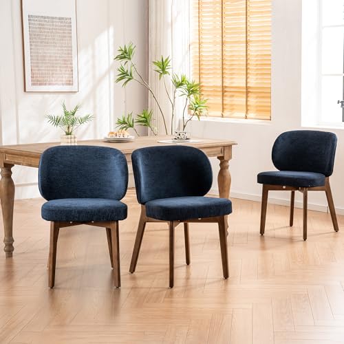 Image of YOUNIKE Dining Chairs Set of 6 Modern Kitchen Dining Room Chairs Navy Blue | Chenille Fabric Upholstered Armless Side Accent Chair with Back Wide Padded Seat Wooden Leg, Soft, Breathable, Comfortable