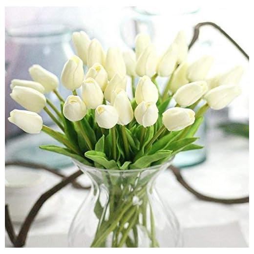 Uteruik Flor de tulipán Artificial de látex de Tacto Real con Hojas para decoración de Ramo de Boda, 10 Piezas (Blanco)