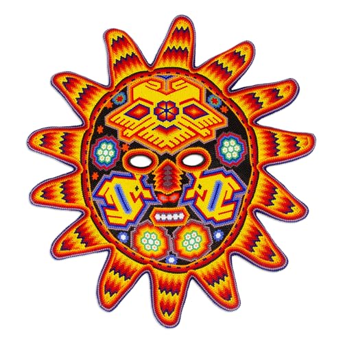 NOVICA Decorativa Sol y la Luna grande del cartón piedra y la Máscara de Cuentas, 'Red Sunset' Multicolor
