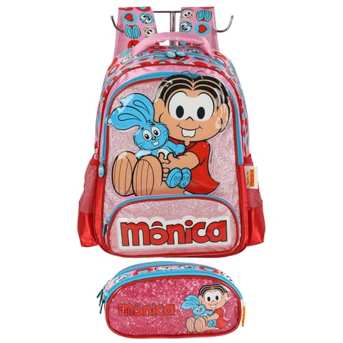 Mônica Kit Mochila de Costas Estojo Triplo Magali Escolar Rosa