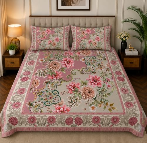 Image of 7D Digital Printed King Size Bedsheet | 240TC Premium Cotton Feel Microfiber with 2 Pillow Covers | Soft Breathable & Wrinkle Free Bedding Set | (PinkFloral, King Size-225x250CM)