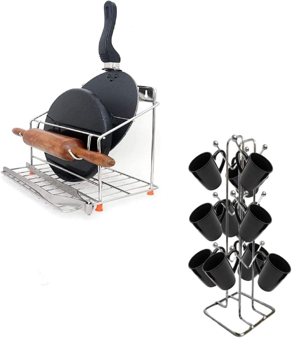 Stainless Steel Cup Stand for Kitchen - Coffee and Tea Mug Holder, Combo Chakla Belan and Tawa Stand 4 in 1 for Kitchen (Pack of 2) (NHSP)