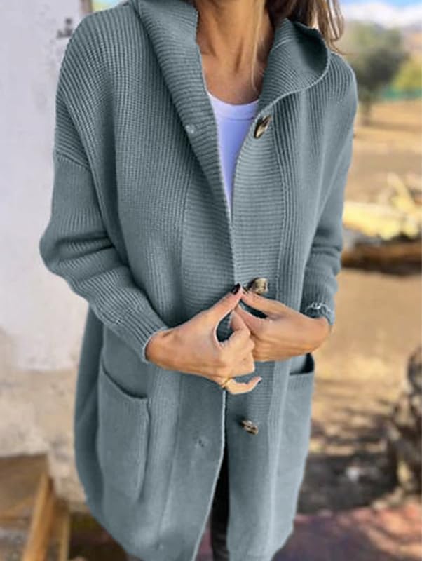 Cozy Hooded Knit Cardigan Women, Long Sleeve Button Front Cable Knit Long Open Front Cardigan Sweaters with Pockets2