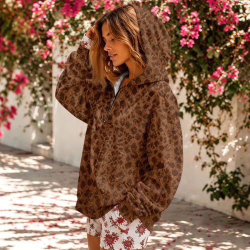 Jielayou Half Zip Pullover Women Leopard Oversized Trendy Hooded Sweatshirt - image 5