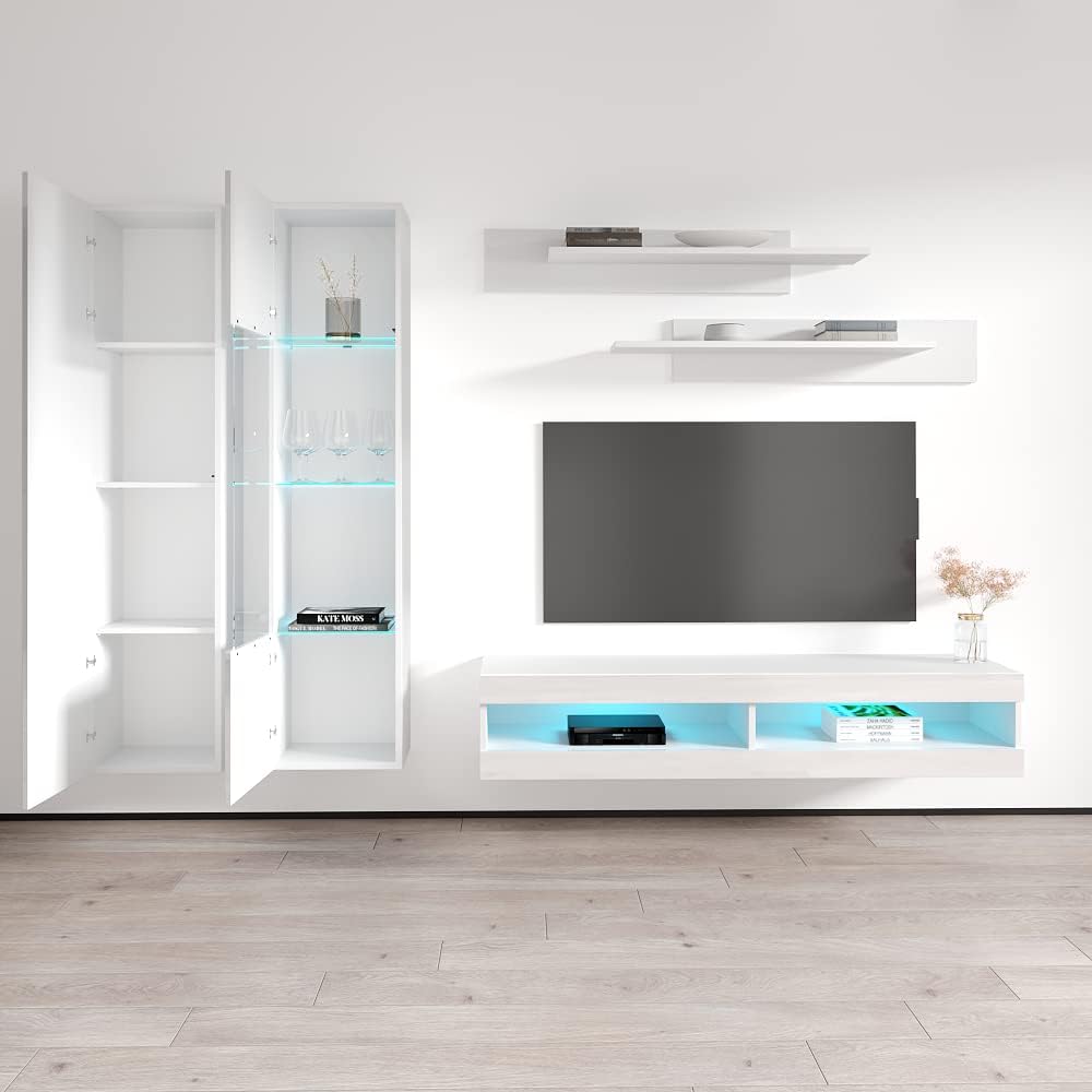 Meble Furniture Fly A4 34TV Stand Wall-Mounted Entertainment Center Console — Floating Design with Storage Shelves and LED Lights, 67.5 x 15.7 x 20.1 inches — White