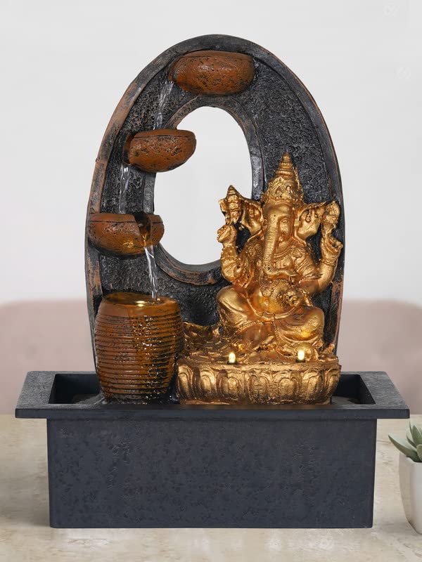 Image of Polyresin Chocolate Colour Table Top Indoor Rock Finish Waterfall Fountain for Home Decor with LED Lights, Speed Controller Pump & Crystal Ball (Size: 25.5 x 21 x 18.5CM | Wt: 1145grm)
