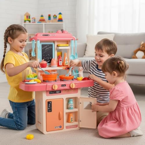 Image of Kitchen Play Set for Kids with Running Water Sink, Steam Cooking Stove, Sound & Light Effects, Refrigerator Storage, Writing Board, 42 Accessories Pretend Play Cooking Toy for Boys & Girls