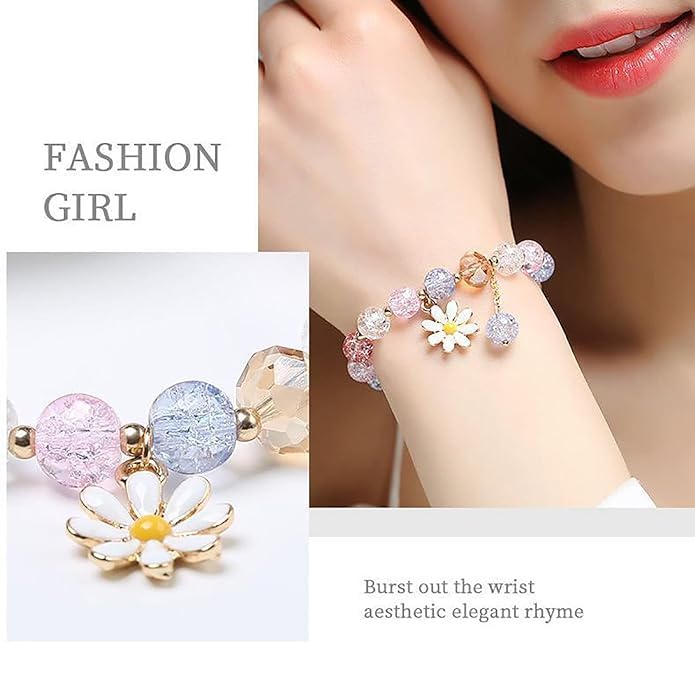 Image of El Regalo 1 PC Dailsy Flower Sparkly Crystal Beads Tassel Bracelet for Girls /Teens /Women- Cute Crackle Beads Daisy Flower Stretch Bracelet