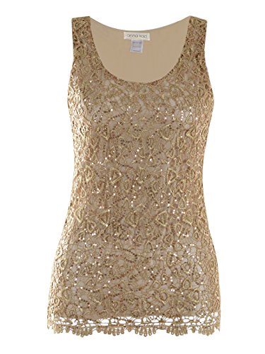 Anna-Kaci Womens Casual Formal Embroidered Lace Sequin Sleeveless Shirt Tank Top, Gold, X-Large