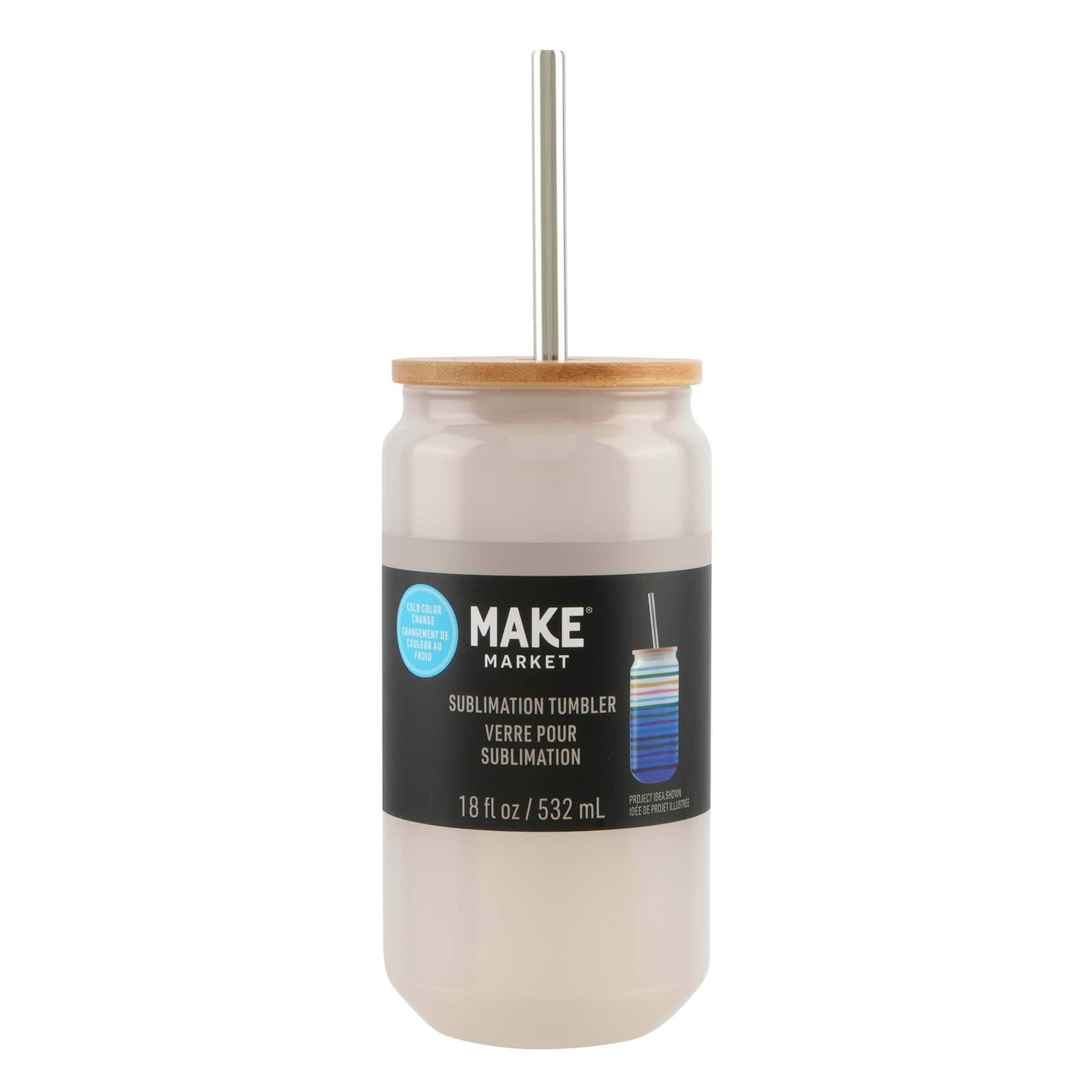 Make Market Blue Cold Color Change Sublimation Tumbler 18oz Glass with Bamboo Lid Metal Straw Customizable Drinkware for