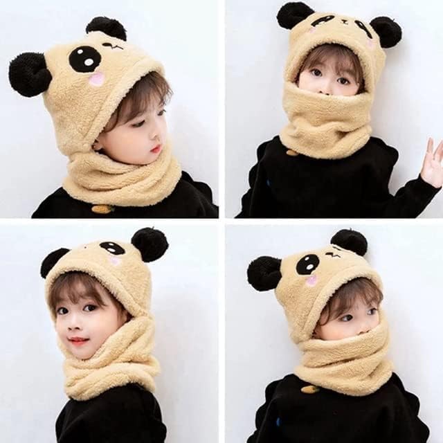 Image of TopiBaaz Cute Panda Cartoon Monkey Cap for Boys and Girls (Pack of 1) | Age - 6 Years to 12 Years |Free Size | Plush Wool | Winter Cap | Neck Scarf