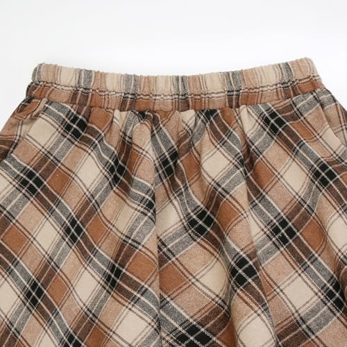 IDEALSANXUN Women's Plaid Midi Skirt - Elastic Waist A-Line Pleated Skirt, Below Knee Length, Brown, Small