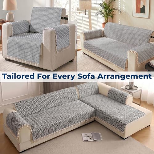 Image of Story@Home Sofa Cover with Tassel for 2 Seater Sofa | Full Protection for Seat Back & Arms | Quilted Velvet Anti Slip Sofa Mat for 2 Seater with 2 Armrest Covers (152x122 Cm) - Navy Blue & White