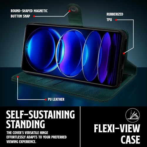 Image of WOW IMAGINE Shock Proof Flip Cover Back Case for Redmi Note 12 Pro 5G (Magnetic Button Flip Case | Wallet Pockets & Stand | Leather Finish | Forest Green)