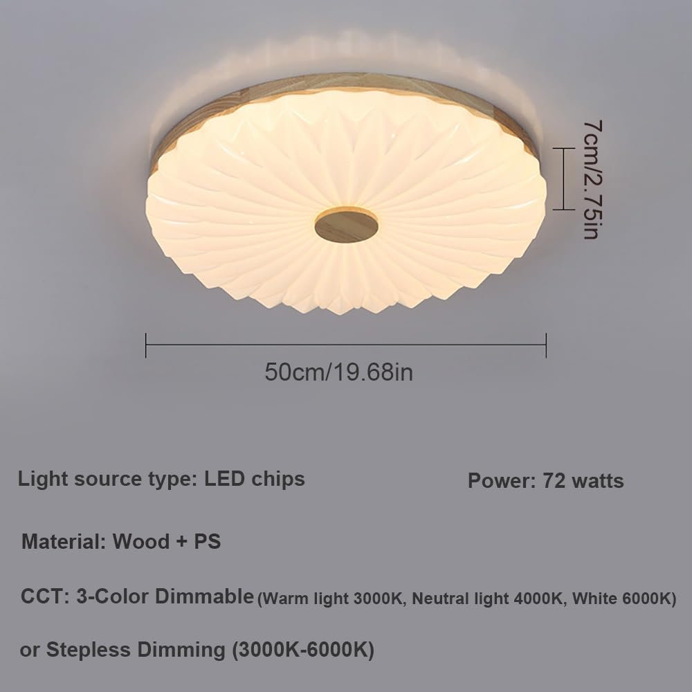 Nowoczesny Plafon Podtynkowy Okrągły, Ściemniane Plisowane Oświetlenie Sufitowe LED Nordyckie Drewniane Lampy Sufitowa do Sypialni Pokoju Dziecięcego Gabinetu