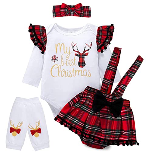 Image of AMAWMW My First Christmas Baby Girl Outfit Newborn 1st Christmas Clothes Xmas Reindeer Romper Buffalo Plaid Suspender Skirt