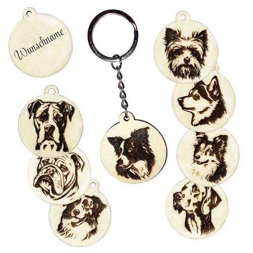 Girahlutions Holz Schlüsselanhänger Hundemarke Rund Ø 35mm Hunderasse Gravur Ihr Hund mit Name Wunschname Personalisiert Deutsch Kurzhaar