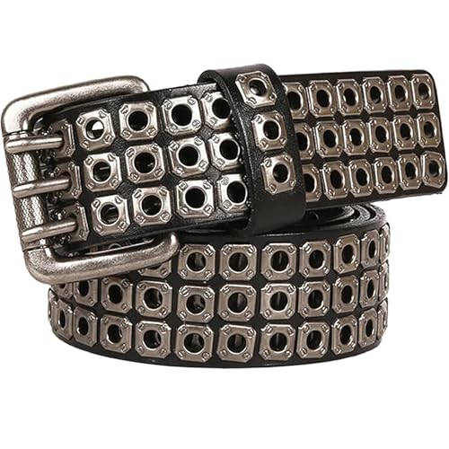 Three Row Grommet Genuine Leather Studded Belt with Punk Rock Rivets Strap 3-Hole Prong Buckle for Jeans,Pants,Dress