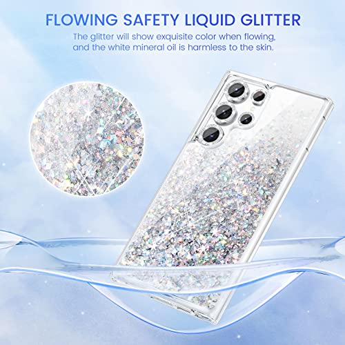 Caka [1+5] For Galaxy S23 Ultra Case, S23 Ultra Case Glitter With Camera Lens Protector For Women Girls Girly Sparkle Bling Liquid Phone Case For Samsung Galaxy S23 Ultra 5G - Clear Silver #TOP3
