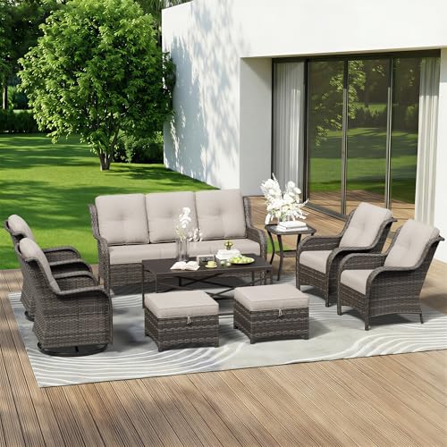 Image of 9 Piece Outdoor Wicker Patio Furniture Set, Patio Chairs Set with Thickened Olefin Cushions, High Back and Deep Seating, Hand-Woven PE Rattan, Ottoman for Porch, Deck