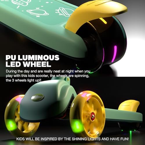 Image of Baybee Blaze Storm Skate Scooter for Kids, 3 Wheel Kid Scooter with 3 Height Adjustable Handle, Kick Scooter with LED PU Wheels & Brake | Runner Scooter for Kids 2-10 Years Boys Girls (Light Green)