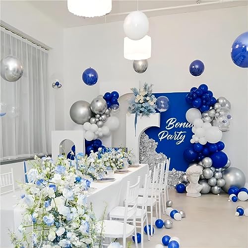 Image of 130pcs 8 /12 /10 /5 Inch Royal Blue and Silver Latex Balloons Garland Arch Kit