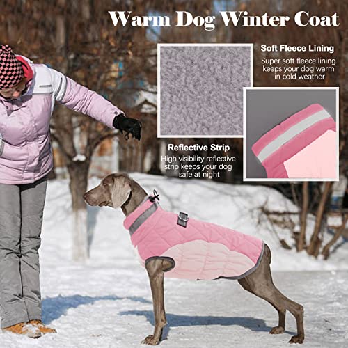 Image of Lelepet Dog Coat Warm Dog Winter Coat Waterproof Dogs Jacket with Harness | Reflective Pet Fleece Vest Zip-Up Cold Weather Coats for Large Dogs Turtleneck & Windproof Coats Boston Terrier Pink L