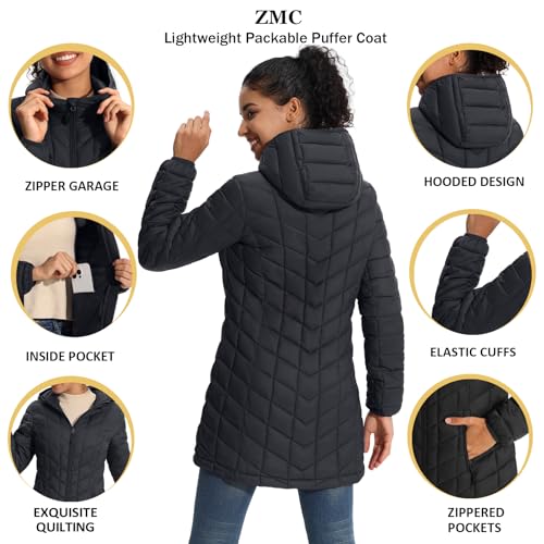 ZMC Women's Packable Puffer Jacket, Water-Resistant Hooded Puffer Jacket Lightweight Mid-Length Winter Puffer Coat3