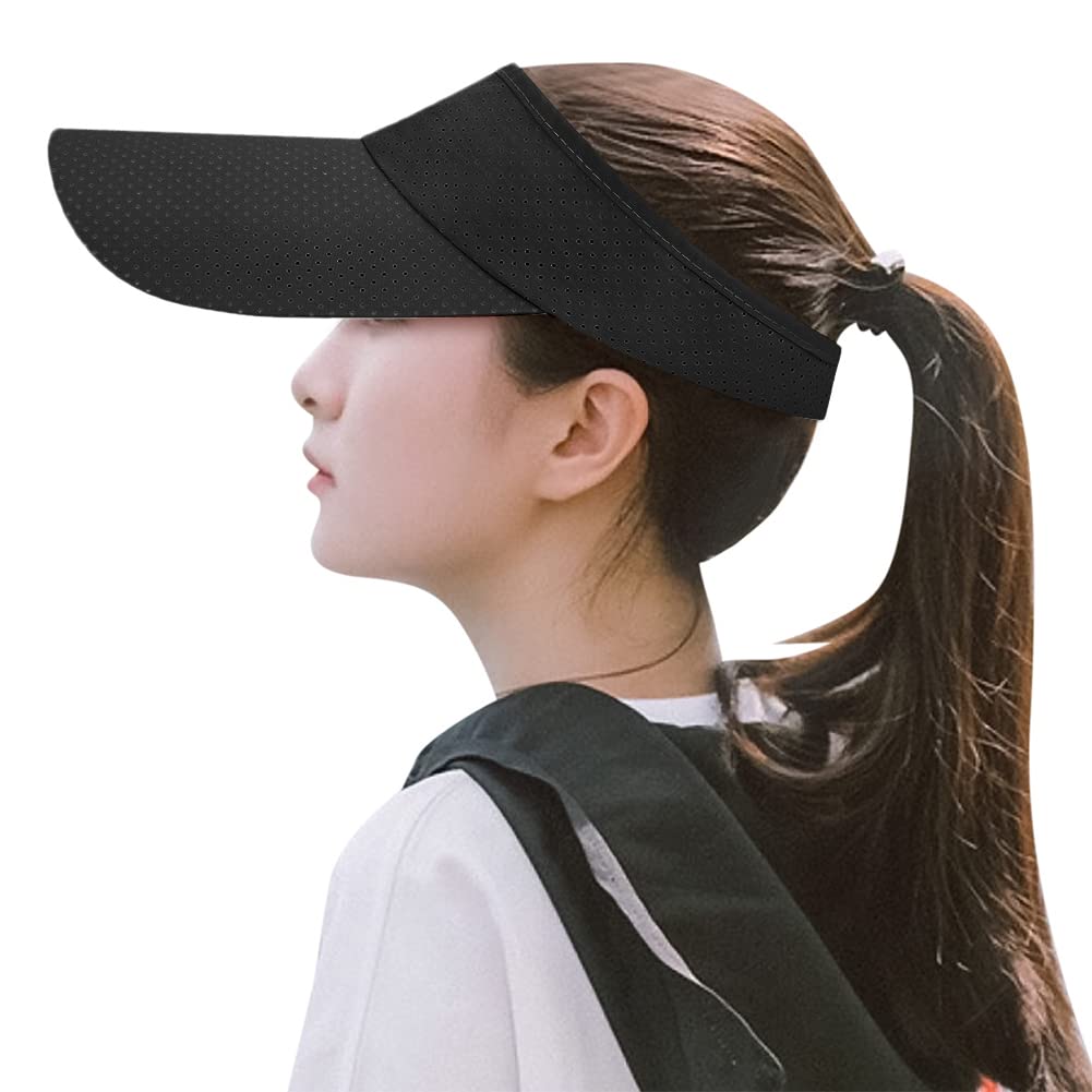 Xinchia Unisex Black Sports Sun Visor Hat For Men Women Long Brim Empty Top Baseball Cap Uv Protection Beach Cap Adjustable Quick Drying Ponytail Outdoor Ball Cap Soft Visor For Golf Tennis Running Cycling Tourism