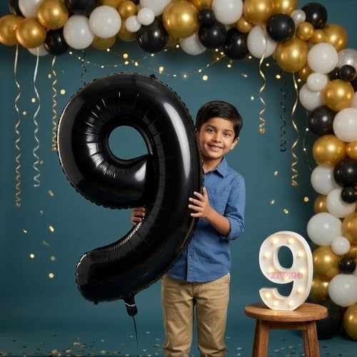 Image of Balloonistics Black 40-Inch Foil Number 9 Balloon with Matching LED Marquee Light - Combo Set for 9th Birthday, Anniversary, Party Decoration, Photo Booth Backdrop