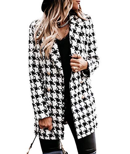 Sexyshine Women's Houndstooth Double Breasted Coat Notch Lapel Wool Blend Pea Coat Mid Long Plaid Blazer Jacket