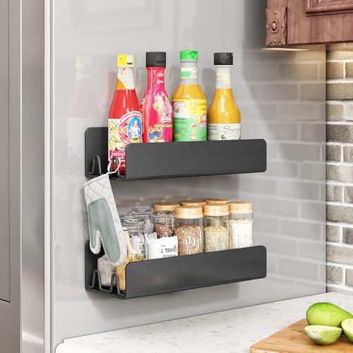 Image of Magnetic Spice Rack for Refrigerator, Magnetic Shelf Fridge Spice Rack Organizer 2 Pack with 8 Hooks, Moveable Strong Magnetic Seasoning Organizer and Shelf for Kitchen Refrigerator Microwave