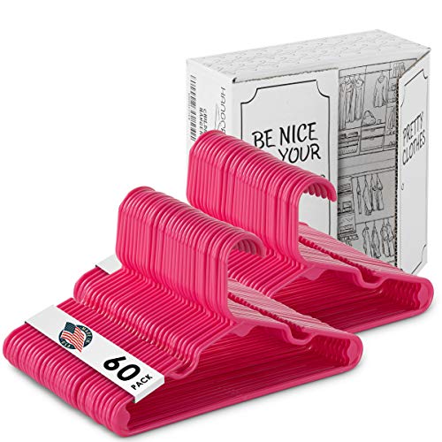 USA Made 60 Premium Children's Hangers, Very Durable Heavy Duty Tubular Kids Hangers, Value Pack of 60 Baby Hot Pink