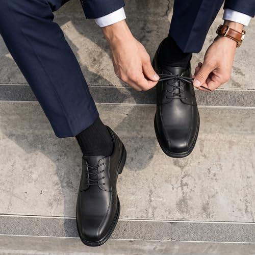 Image of HEEZ Mens Dress Shoes Black, Split Leather Oxford Shoes for Men Comfortable, Square Toe Casual Business Shoes Lace Up