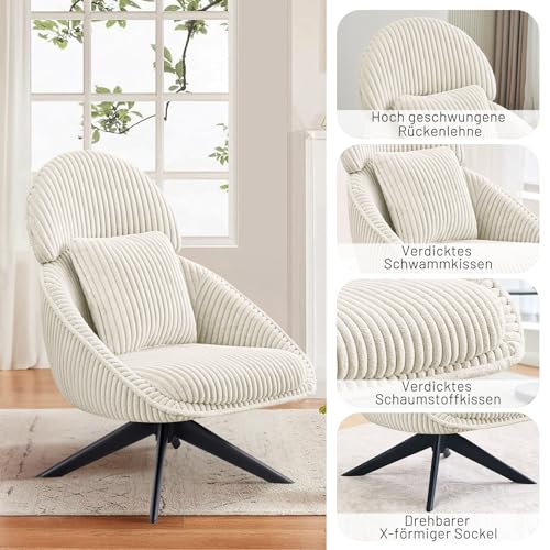 Ckaff Loungesessel Sessel Wohnzimmer 360°Drehbar, Ohrensessel Armlehnstuhl Polsterstuhl mit dickem Abnehmbares Wurfkissen, Relaxsessel Lesesessel für Wohnzimmer Schlafzimmer Büro, Beige