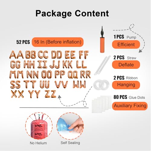 Image of 52 pcs Orange Foil Letter Balloons with Air Pump, 16 Inch 2 A-Z Sets - Mylar Alphabet Balloon Kit for Birthday Banner & Party Decorations