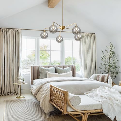 Image of 5-Light Gold Sputnik Chandelier, Mid Century Modern, Smoke Gray Glass Shade, Kitchen, Dining, Bedroom, 38.6 inch L x 30.7 inch H