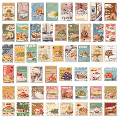 Image of Vintage Aesthetic Food Postage Stamp Stickers for Adults - Classic Fruit Cake Grape Roast Chicken Waterproof Vinyl Stickers | Journal Planner Laptop Scrapbooking Food Stickers