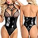 GIVTULIP Damen Sexy Body Dessous Bodysuit Reizwäsche Lingerie Unterwäsche Oberteile Babydoll mit Tiefer V-Ausschnitt Leder Catsuit Ouvert mit Reißverschluss Wetlook Jumpsuit Dessous Negligee Outfit