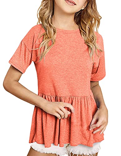 Image of Ebifin Girls Short Sleeve Tops Kids Peplum Babydoll T Shirts Tees 4-15Y | Girls T-Shirts, Crew neck Short Sleeve Shirts, Casual Tunic Tops, Cute Blouses, Summer Tees, Ruffle Hem, Loose fit