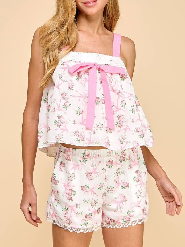 Argeousgor Womens Tie Shoulder Pajama Sets Y2k Ruffle Hem Peplum Top Floral Coquette Pjs Babydoll 2 Piece Shorts Set Lounge - Image 4