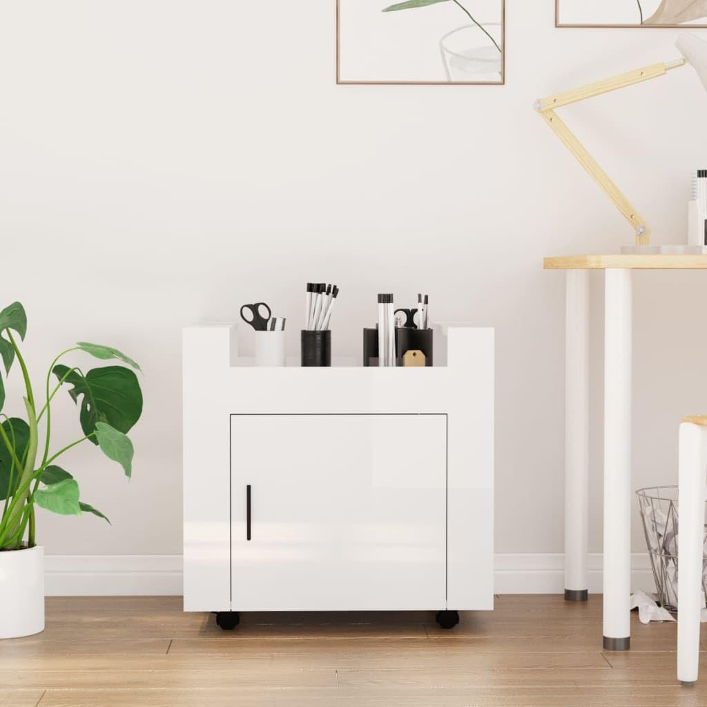 Hochglanz-Weißer Bürowagen 60x45x60 cm aus Holzwerkstoff mit 4 Rollen, stabile Oberfläche, Stauraum, Tür, ideal für Büroorganisation, langlebig, leicht beweglich, pflegeleicht