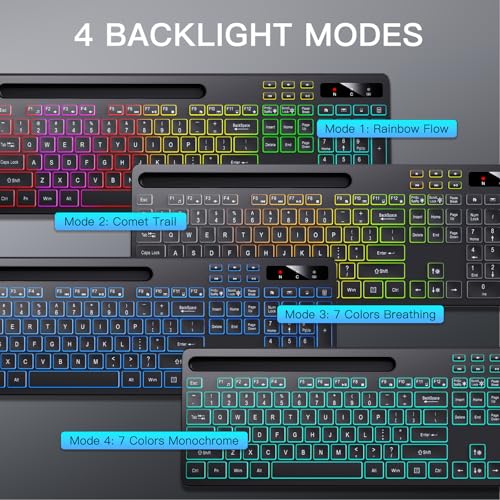 Image of Soueto Wireless Keyboard with 7-Color RGB Backlit, Full-Size Computer Keyboard with Phone Tablet Holder, 2.4G Rechargeable Gaming Keyboard with Light Up Keys, Compatible with Mac, Windows (Black)