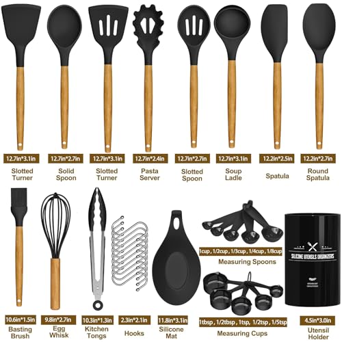 Umite Chef Kitchen Cooking Utensils Set, 33 pcs Non-Stick Utensils Spatula Set with Holder, Black Wooden Handle Silicone Kitchen Gadgets - Image 5