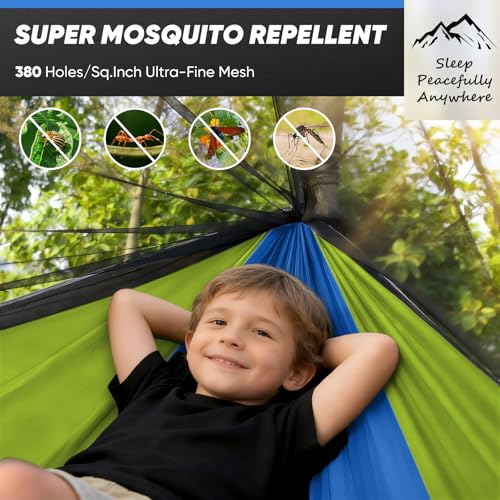 Image of Small Camping Hammock with Mosquito Net, 450 lbs Portable Hammock with Tree Straps, 2-in-1 Double /Single Travel Hammocks, Hammock for Outside /Indoor /Backpacking /Beach - Lake Blue & Green